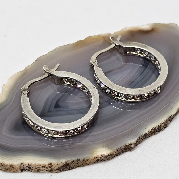 925 STERLING SILVER - Shiny Crystal Round Hoop Earrings - Picture 11 of 12